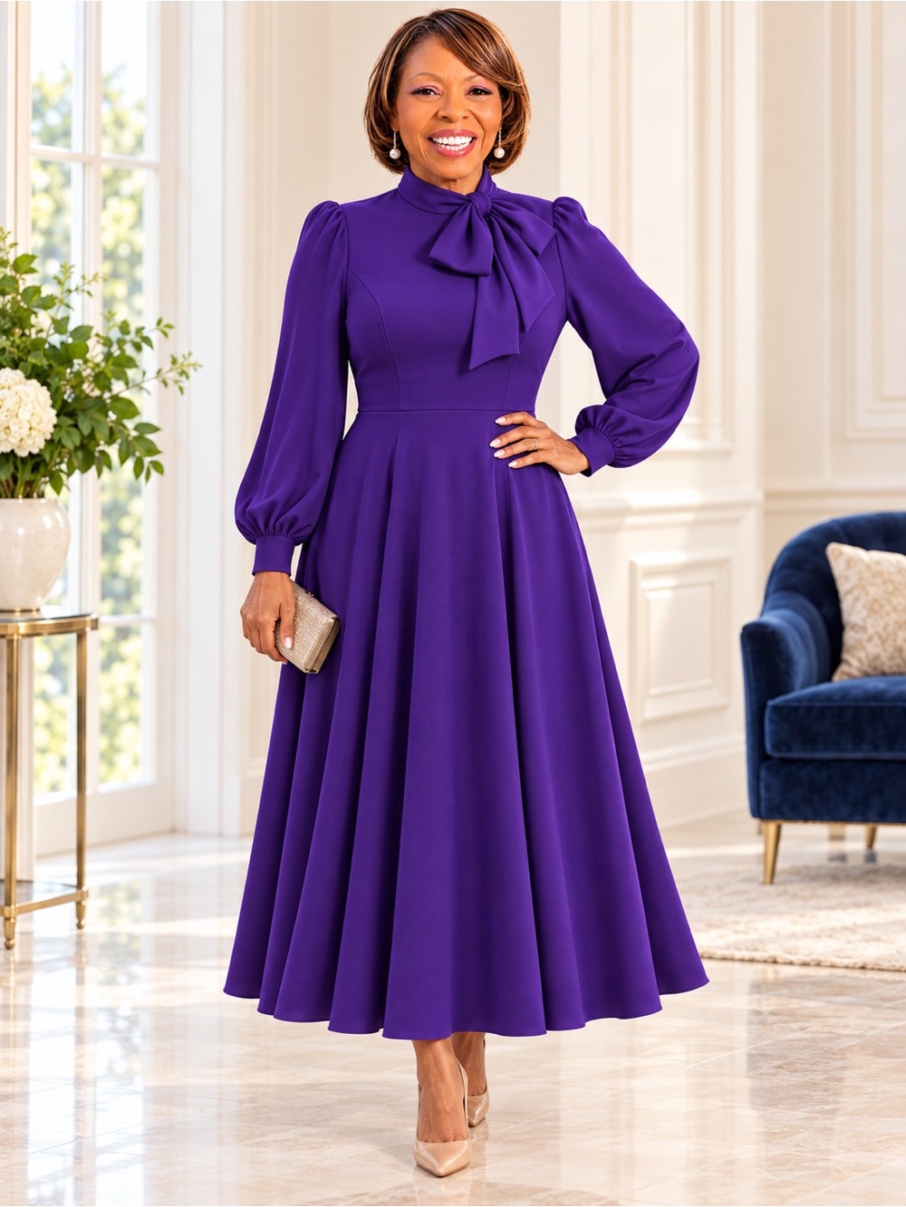 Royal Purple Bow-Neck Long-Sleeve Fit-and-Flare Midi Dress